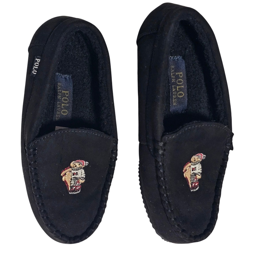 Polo Ralph Lauren Dezi IV Black Polo Bear Moccasin Slippers Kids Size 4 Kids New